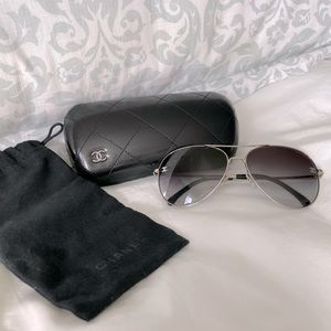 Chanel Aviator Sunglasses. Silver and smoky blue-gray glass. Excellent condition